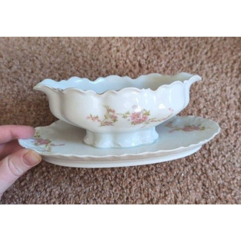 Vintage Hutschenreuther Selb Bavaria Floral Gravy Boat with Attached Underplate